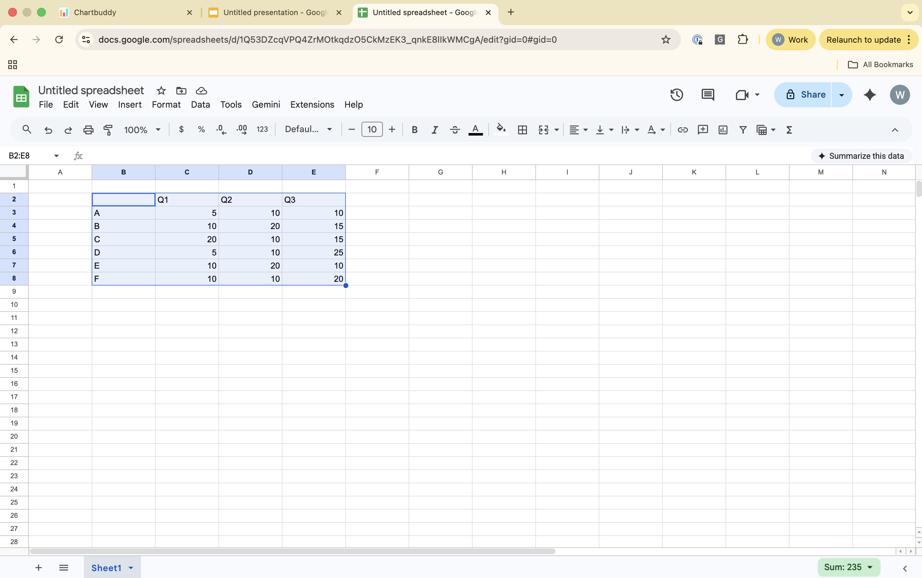 Google Sheets with a data range selected